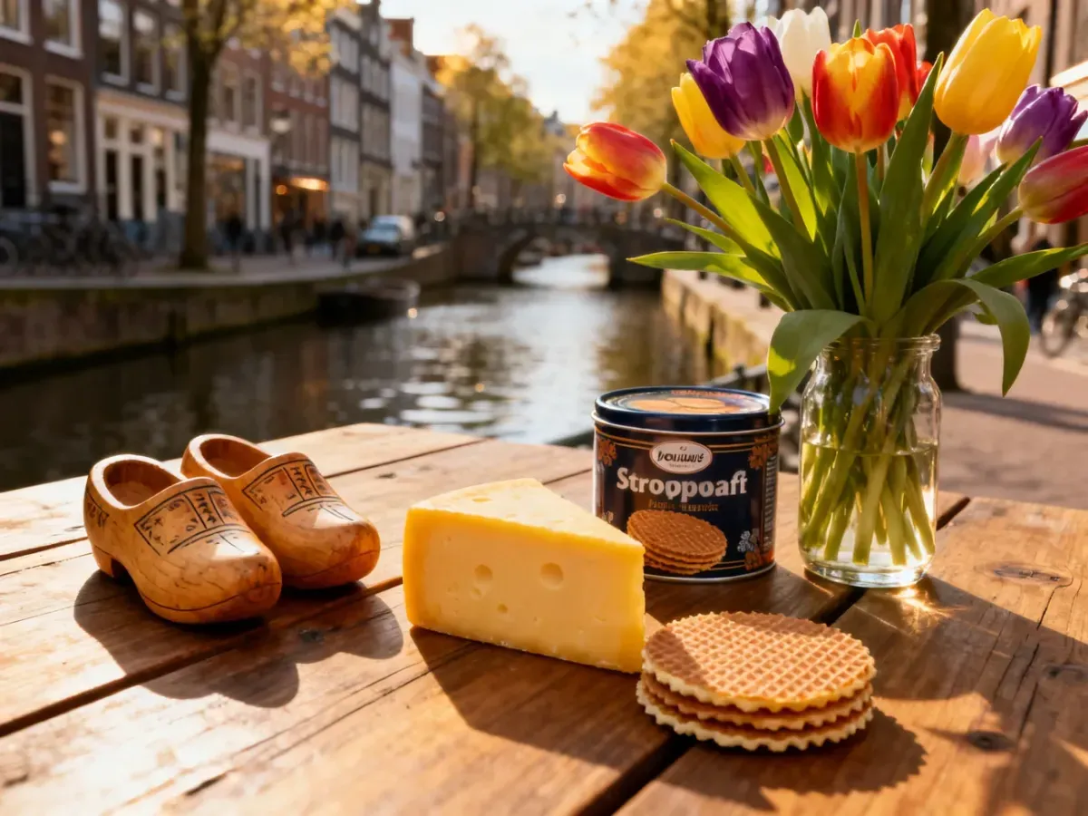 Drewniane chodaki, ser gouda, stroopwafels i tulipany na tle amsterdamskiego kanału – zestawienie typowych holenderskich pamiątek.