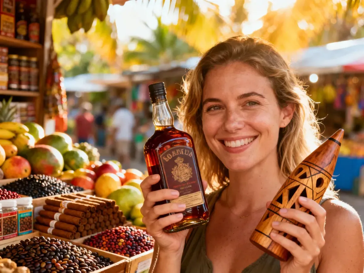 Uśmiechnięta turystka trzymająca dominikański rum i rękodzieło na tle kolorowego targu z lokalnymi produktami.