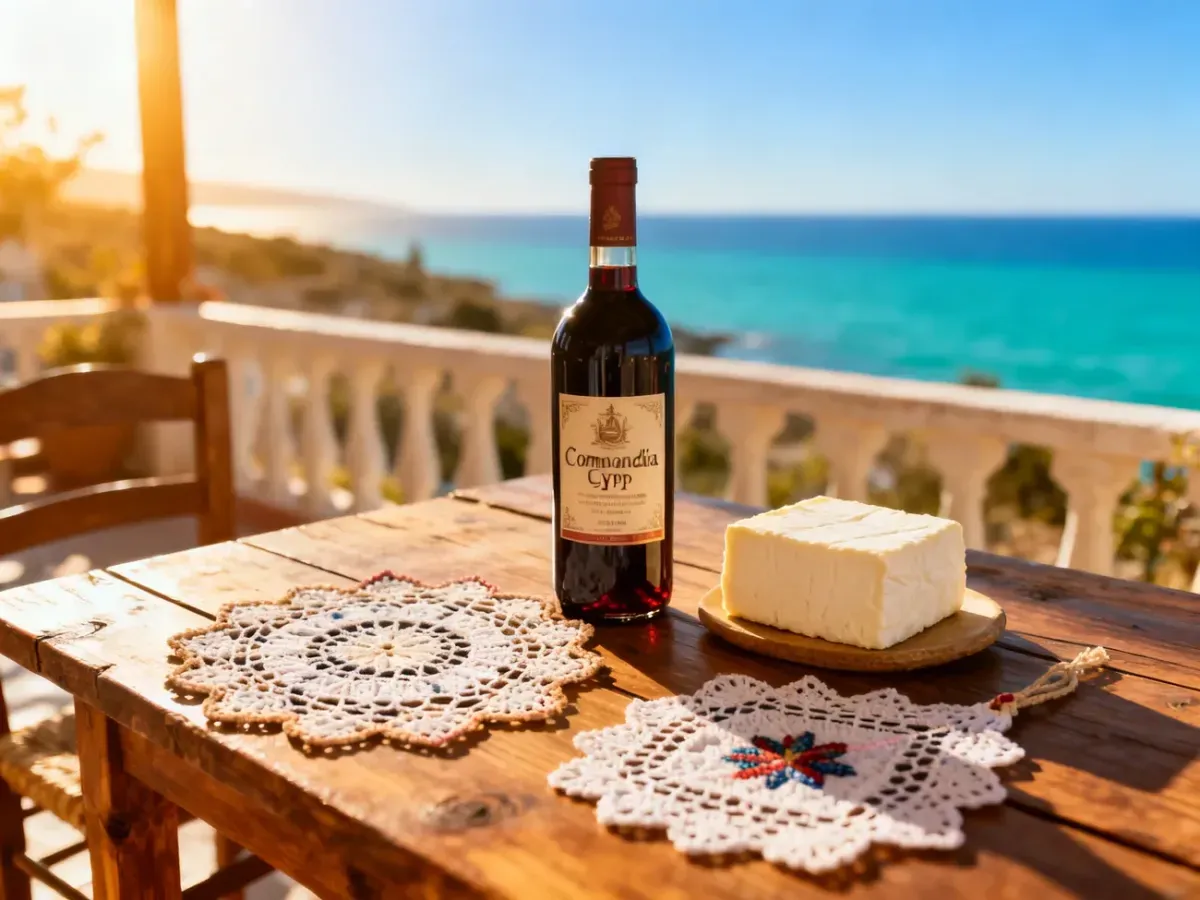 Tradycyjne cypryjskie pamiątki: wino Commandaria, ser halloumi i ręcznie wykonana koronka na tle słonecznego wybrzeża.